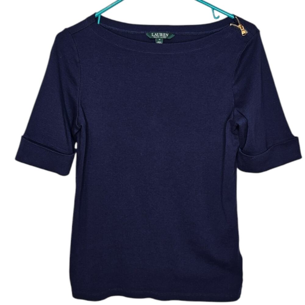 Lauren Ralph Lauren Zipper Shoulder Cuffed Short Sleeve Blue Shirt Medium